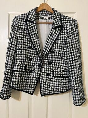 Veronica Beard Black and White Houndstooth Double-Breasted Tweed Blazer